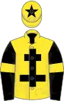 Yellow, black cross of lorraine, black sleeves, yellow armlets, yellow cap, black star