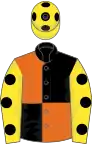 Black and orange (quartered), yellow sleeves, black spots, yellow cap, black spots