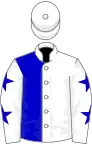 White and blue (halved), white sleeves, blue stars, white cap