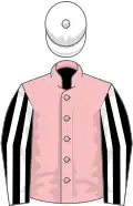 Pink, black and white striped sleeves, white cap