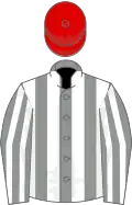 Grey and white stripes, red cap