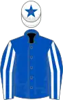 Royal blue, white striped sleeves, white cap, royal blue star