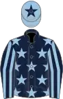 Dark blue, light blue stars, striped sleeves, light blue cap, dark blue star