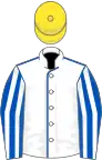 White, royal blue seams, royal blue and white striped sleeves, yellow cap