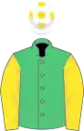Emerald green, yellow sleeves, white cap, yellow spots