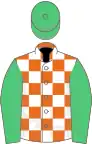 Orange and white check, emerald green sleeves and cap