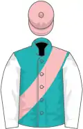 Green, pink sash, white sleeves, pink cap