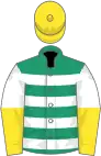 White and emerald green hoops, yellow and white halved sleeves, yellow cap