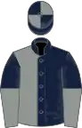 Dark blue and grey (halved), halved sleeves, quartered cap