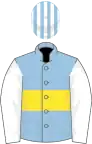 Light blue, yellow hoop, white sleeves, light blue and white striped cap