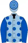 Light blue, royal blue spots and sleeves, hooped cap