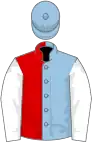 Light blue and red (halved), white sleeves, light blue cap
