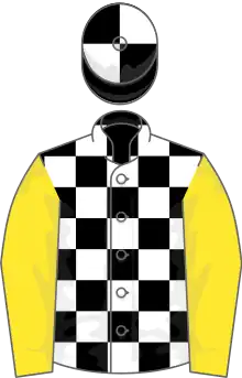 Black and white check, yellow sleeves, yellow cap