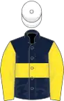 Dark blue, yellow hoop and sleeves, white cap