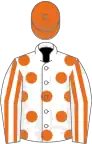White, Orange spots, striped sleeves, Orange cap