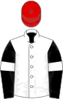 White, black sleeves, white armlets, red cap