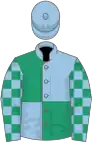 Light blue and emerald green (quartered), checked sleeves, light blue cap