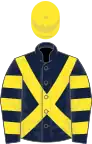 Dark blue, yellow cross belts, hooped sleeves, yellow cap
