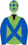 LIGHT GREEN, royal blue cross sashes and sleeves, light green cap, royal blue spots