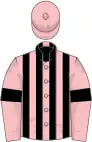 Pink and black stripes, pink sleeves, black armlets, pink cap