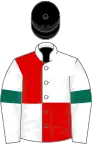 White and red (quartered), white sleeves, emerald green armlets, black cap