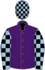 Purple, light blue chevron, light blue and black check sleeves and cap