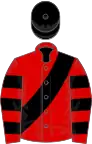 Red, black sash, hooped sleeves, black cap