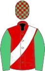 Red, white sash, emerald green sleeves, emerald green and red check cap