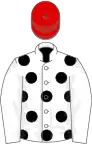 White, black spots, white sleeves, red cap