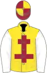 Yellow, maroon cross of lorraine, white sleeves, maroon and yellow quartered cap