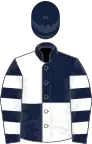 Dark blue and white (quartered), hooped sleeves, dark blue cap