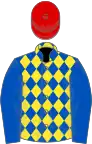 Royal blue and yellow diamonds, royal blue sleeves, red cap