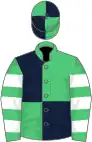 Emerald green and dark blue (quartered), emerald green and white hooped sleeves