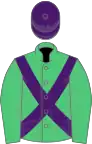 Emerald green, purple cross belts, purple cap