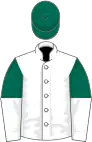 White, dark green and white halved sleeves, dark green cap