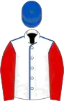 White, royal blue seams, red sleeves, royal blue cap