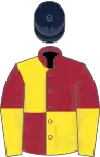 Maroon and yellow (quartered), halved sleeves, dark blue cap