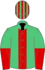 Emerald green, red stripe, halved sleeves, emerald green and red striped cap