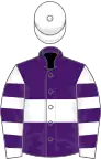 Purple, white hoop, white and purple hooped sleeves, white cap