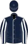 Dark blue, white seams, striped sleeves, dark blue cap