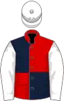 Red and dark blue (quartered), white sleeves and cap