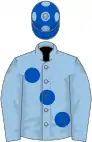 Light blue, large royal blue spots, royal blue cap, light blue spots