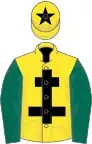 Yellow, black cross of lorraine, dark green sleeves, yellow cap, black star