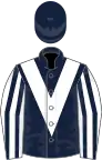 Dark blue, white chevron, white and dark blue striped sleeves, dark blue cap