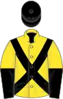Yellow, black cross belts, yellow and black halved sleeves, black cap