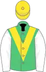 Emerald green, yellow chevron, white sleeves, yellow cap
