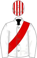 White, red sash, red and white striped cap