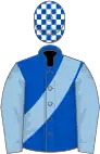 Royal blue, light blue sash and sleeves, royal blue and white check cap