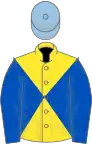 Yellow and royal blue diabolo, royal blue sleeves, light blue cap