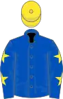 Royal blue, yellow sash, royal blue sleeves, yellow stars, yellow cap